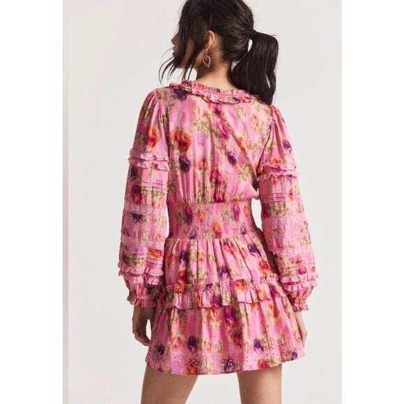 LoveShackFancy Clarkie Long Sleeve Pink Floral Print Mini Dress size Medium - Picture 9 of 16